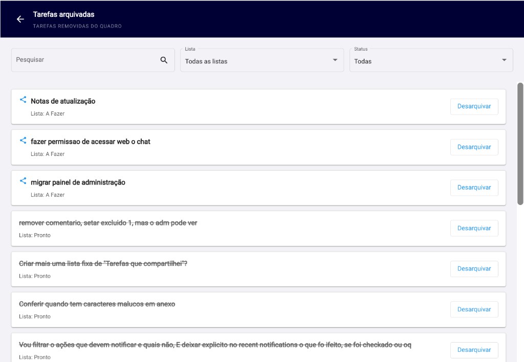 Tela de tarefas arquivadas, com busca e filtro por lista