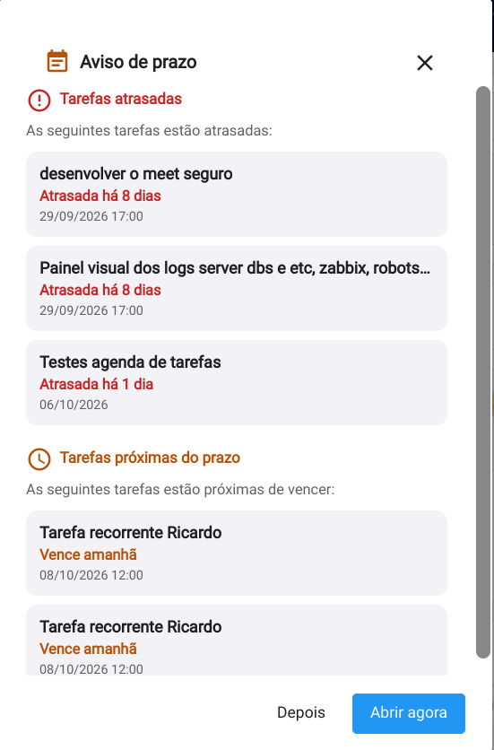 Aviso de prazo, com tarefas atrasadas, prazo estourado e próximas de vencer